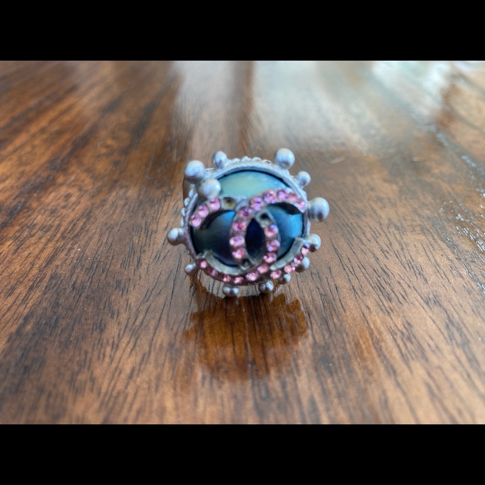 Authentic CHANEL silver/pink CC logo ring